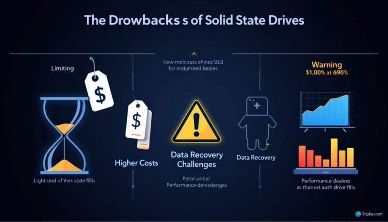 A visually striking banner image that represents the drawbacks of Solid State Drives (SSDs). Include elements such as an hourglass to symbolize limited lifespan, a price tag indicating higher costs, a warning sign for data recovery challenges, and a graphic showing performance decline as the drive fills up. Use a dark background with contrasting colors to highlight these elements, creating a tech-oriented and informative design.